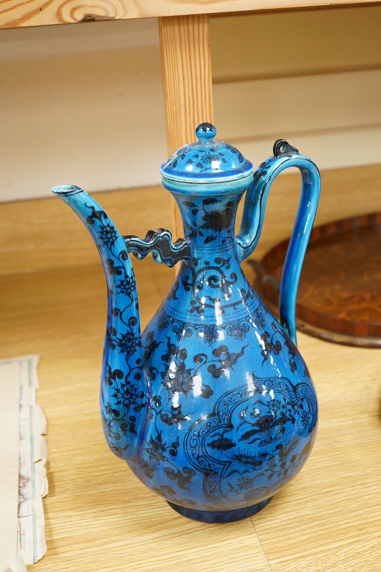 A Chinese blue glazed ewer and cover, 37cm high